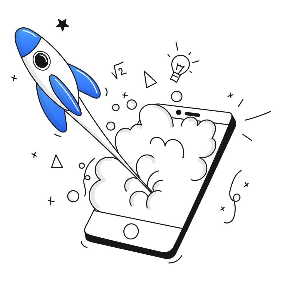 Illustration of a rocket taking off from the screen of a mobile phone